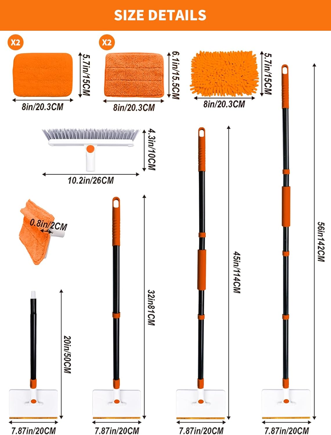 4-in-1 Baseboard Cleaning Tool with Extendable Handle 5 Reusable Pads 1 Carpet Rake Stiff Bristle Brush Multi-Surface Baseboard Brush for Cleaning Baseboard Wall Carpet Floor Bathroom Kitchen Pet Hair