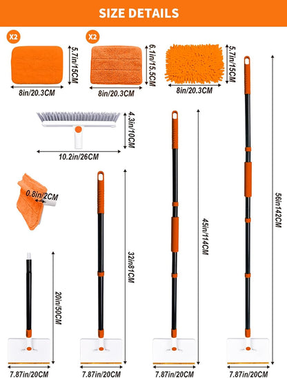 4-in-1 Baseboard Cleaning Tool with Extendable Handle 5 Reusable Pads 1 Carpet Rake Stiff Bristle Brush Multi-Surface Baseboard Brush for Cleaning Baseboard Wall Carpet Floor Bathroom Kitchen Pet Hair