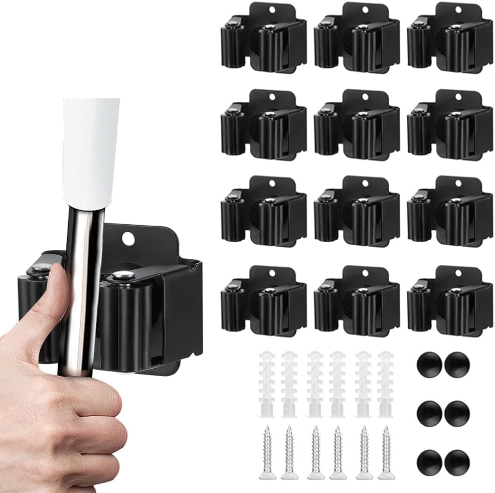 JAMEND CLXP 24PCS Broom and Mop Holder, Heavy Duty Garden Tool Organizer Rack Rake and Shovel Handle, Stainless Steel Mop Hanger. Wall Mounted with Screws.Matte Black