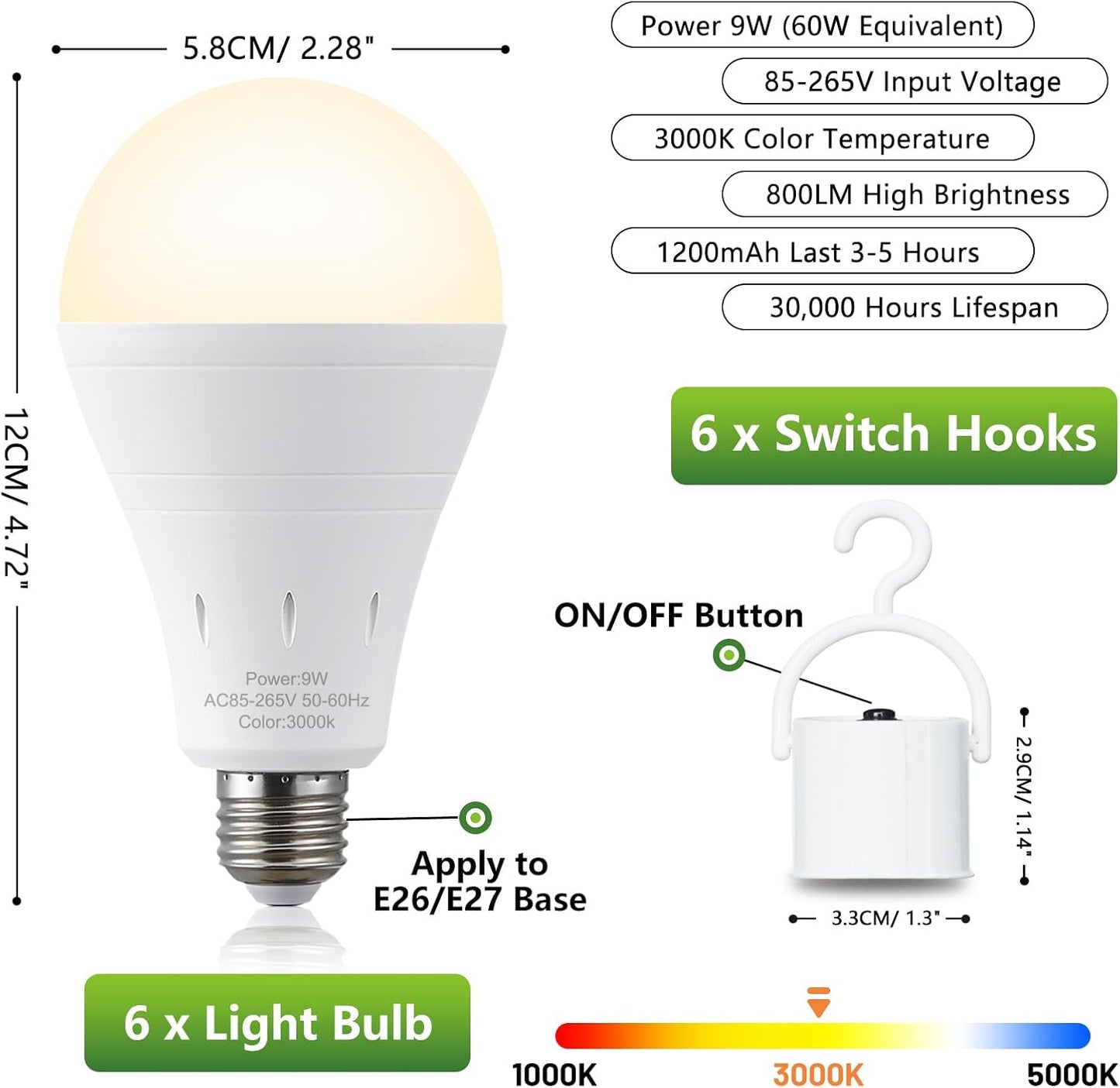 DEBAOBULB 4 Pack Rechargeable Emergency Light Bulbs, Battery Powered LED Light Bulb 6000K Daylight E26 120 Volt 9W 60W Equivalent with 1200mAh for Home Power Outage Camping Hurricane