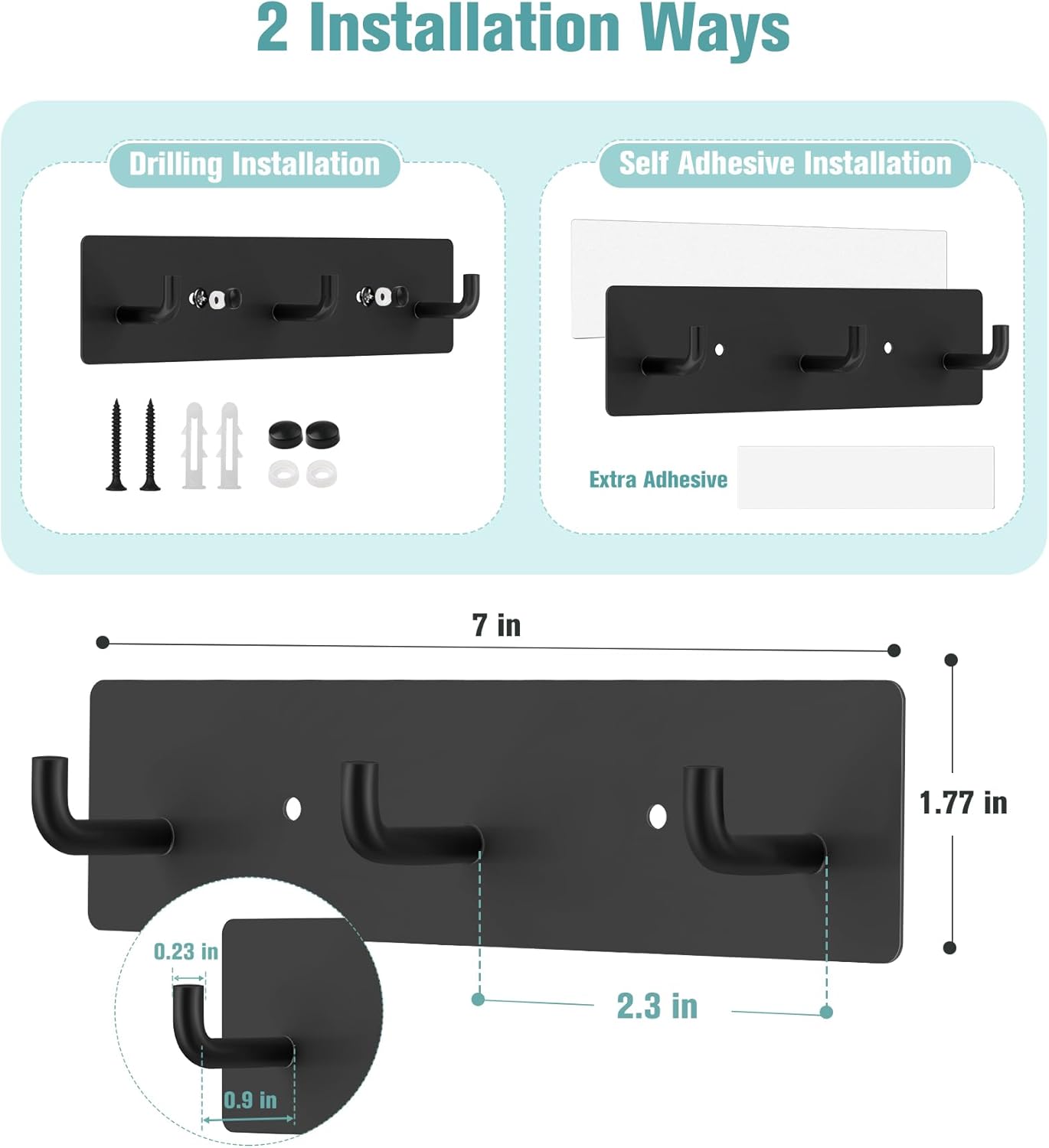 RELBRO Key Holder Wall Mount, Small Metal Self Adhesive Key Rack with 3 Hooks, 2 Installation Options, Black