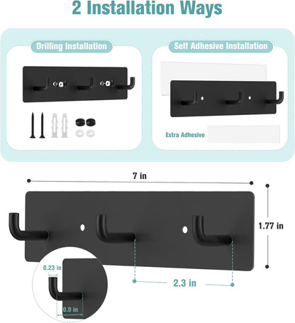 RELBRO Key Holder Wall Mount, Small Metal Self Adhesive Key Rack with 3 Hooks, 2 Installation Options, Black