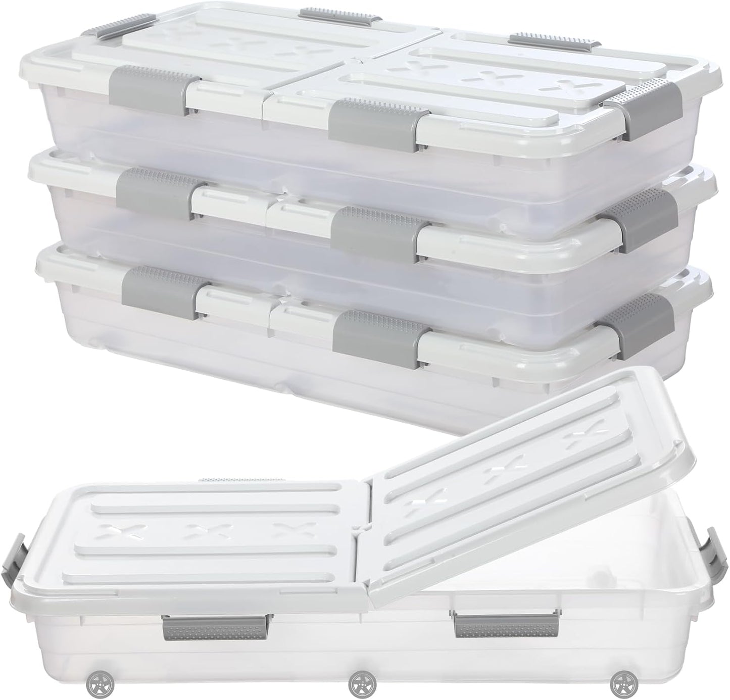 Beeveer 4 Pcs Plastic Under Bed Storage Container with Double Opening Lid Wheel Handle, Transparent Large Capacity Stackable Latching Festival Storage Bin for Closet Bedroom, 31.5x15.8x5.2 In(White)