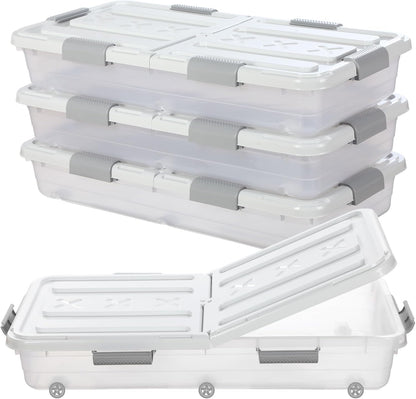 Beeveer 4 Pcs Plastic Under Bed Storage Container with Double Opening Lid Wheel Handle, Transparent Large Capacity Stackable Latching Festival Storage Bin for Closet Bedroom, 31.5x15.8x5.2 In(White)