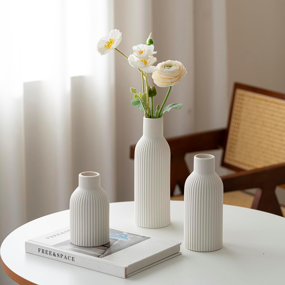Modern Ceramic Vases Set of 3, Coffee Table Ribbed Decorative Vases, Shelf Table Centerpiece for Home Decor (Coffee Mix)