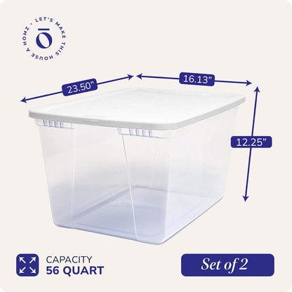 HOMZ 2-Pack Snaplock, Small Clear Plastic Storage Organizer Bins w/ Lids, 28 Quart, Gray - Stackable Container Boxes for Bedroom, Bathroom, Garage, and Office Organization