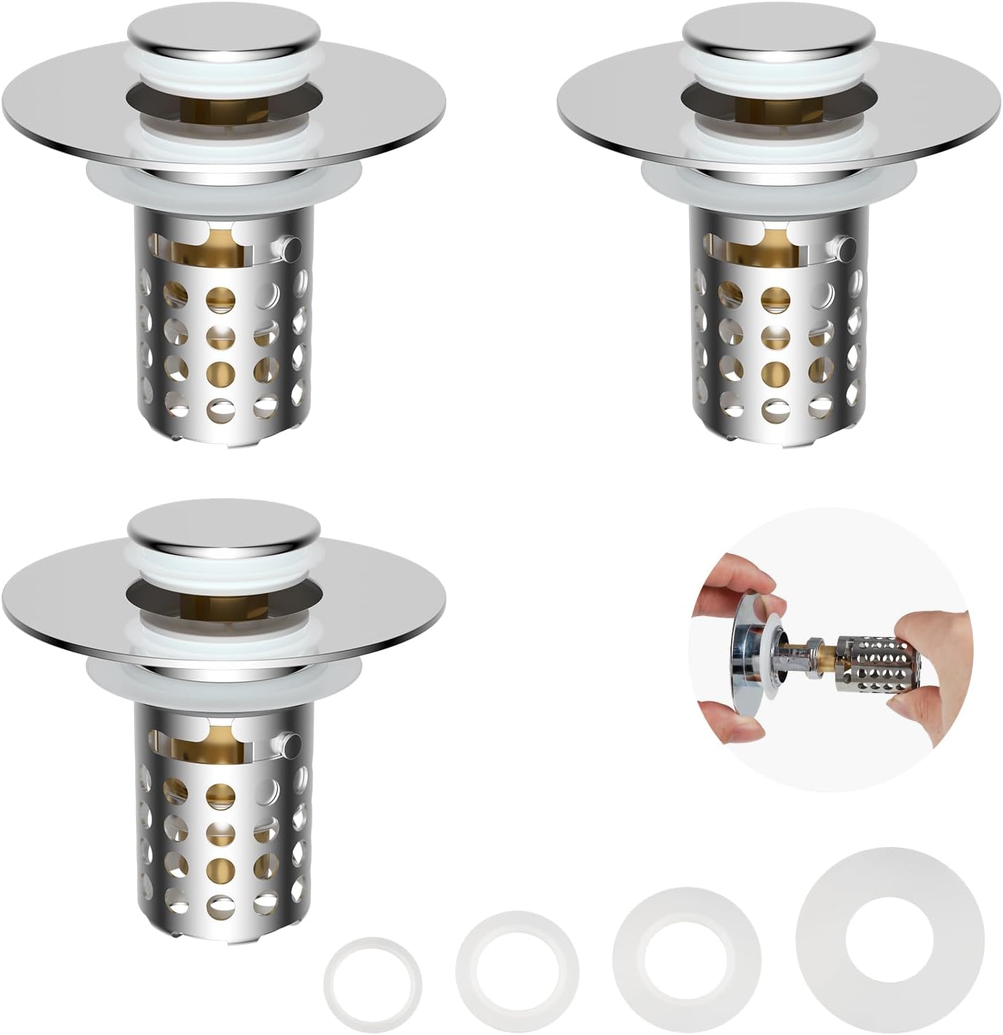 Universal Bathroom Sink Drain Strainer Hair Catcher, Brushed Nickel | Upgraded with Removable Stainless Steel Filter Basket, 3 in 1 Pop Up Sink Stopper for 1.1''~2.36'' Sink Basin Hole