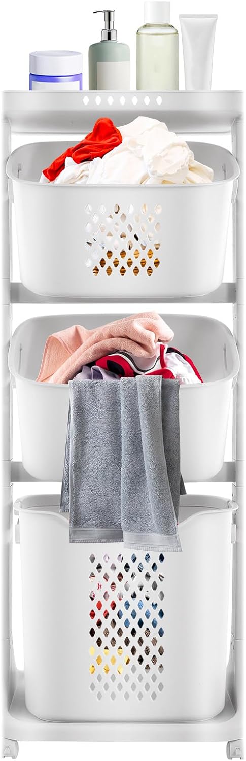Rolling Laundry Basket Hamper, Laundry Sorter Cart 3 Section on Wheels, Stackable Tiered Organizer Baskets Shelf Rack Storage w/Compartment for Bedrooms, Classrooms, Laundry Rooms