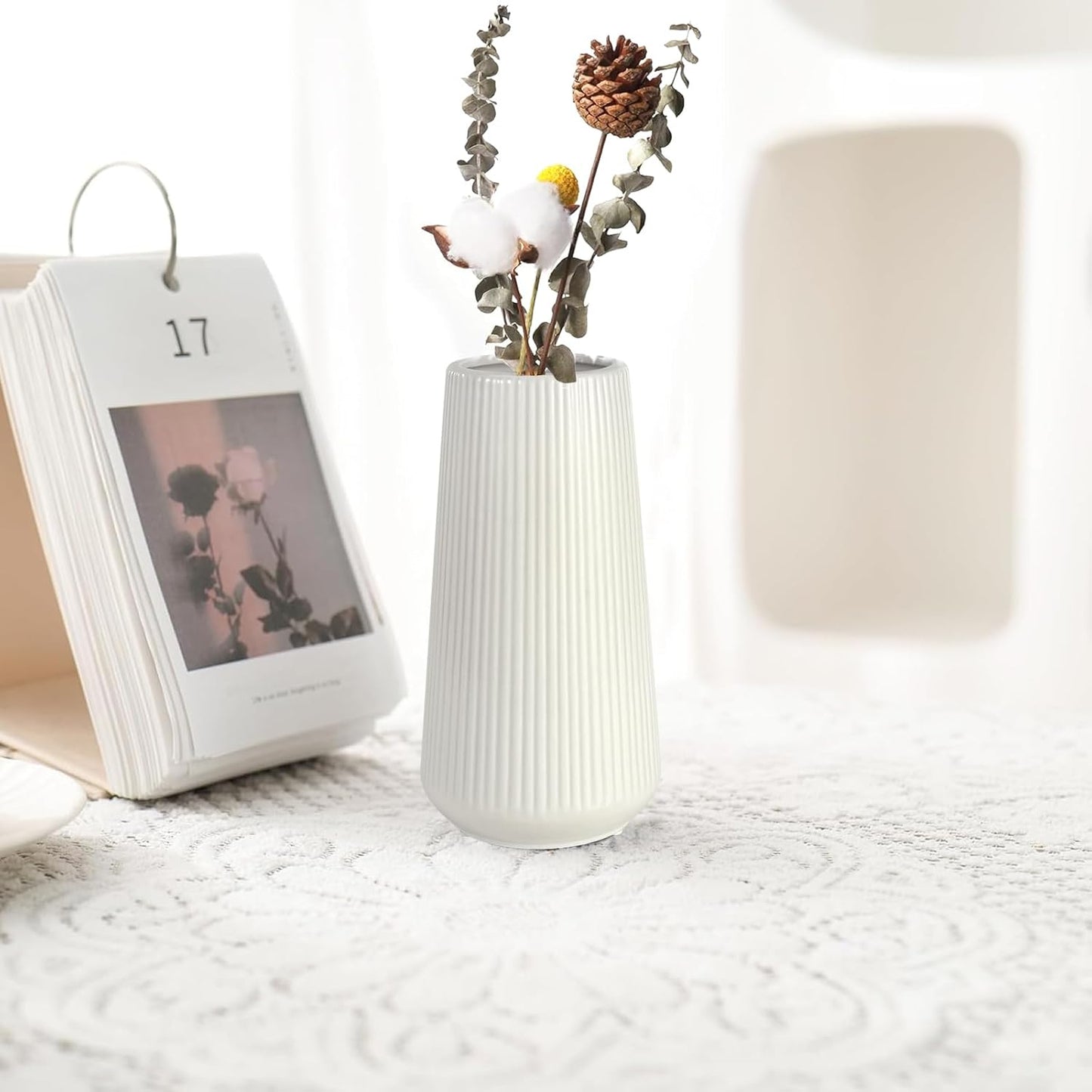 White Ceramic Vase, GUKJOB Small Cute Flower Vase for Pampas Grass, Home, Living Room, Dining Table, Farmhouse, Office Decor, Bedroom, Table, and Kitchen Shelf (White- 2PCS)