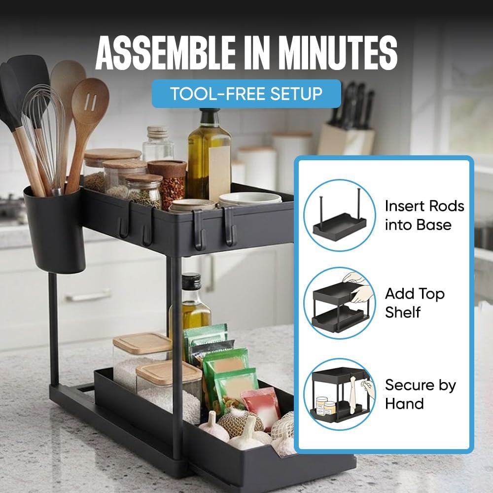 Undersink Organizer, 2-Tier Under Sink Storage Rack with Sliding Drawers for Kitchen Bathroom Cabinets, Pull Out Organizer for Pantry, Laundry Room & Closet Organization - 1 Pack, Black