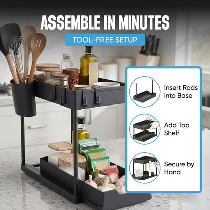 Undersink Organizer, 2-Tier Under Sink Storage Rack with Sliding Drawers for Kitchen Bathroom Cabinets, Pull Out Organizer for Pantry, Laundry Room & Closet Organization - 1 Pack, Black