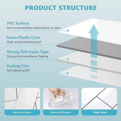 Vamos Tile 100-Piece Glossy Dolomite White Peel and Stick Backsplash Tile,3''x6'' PVC Subway Tile with White Grout, Stick on Backsplash for Kitchen/Bathroom/Fireplace