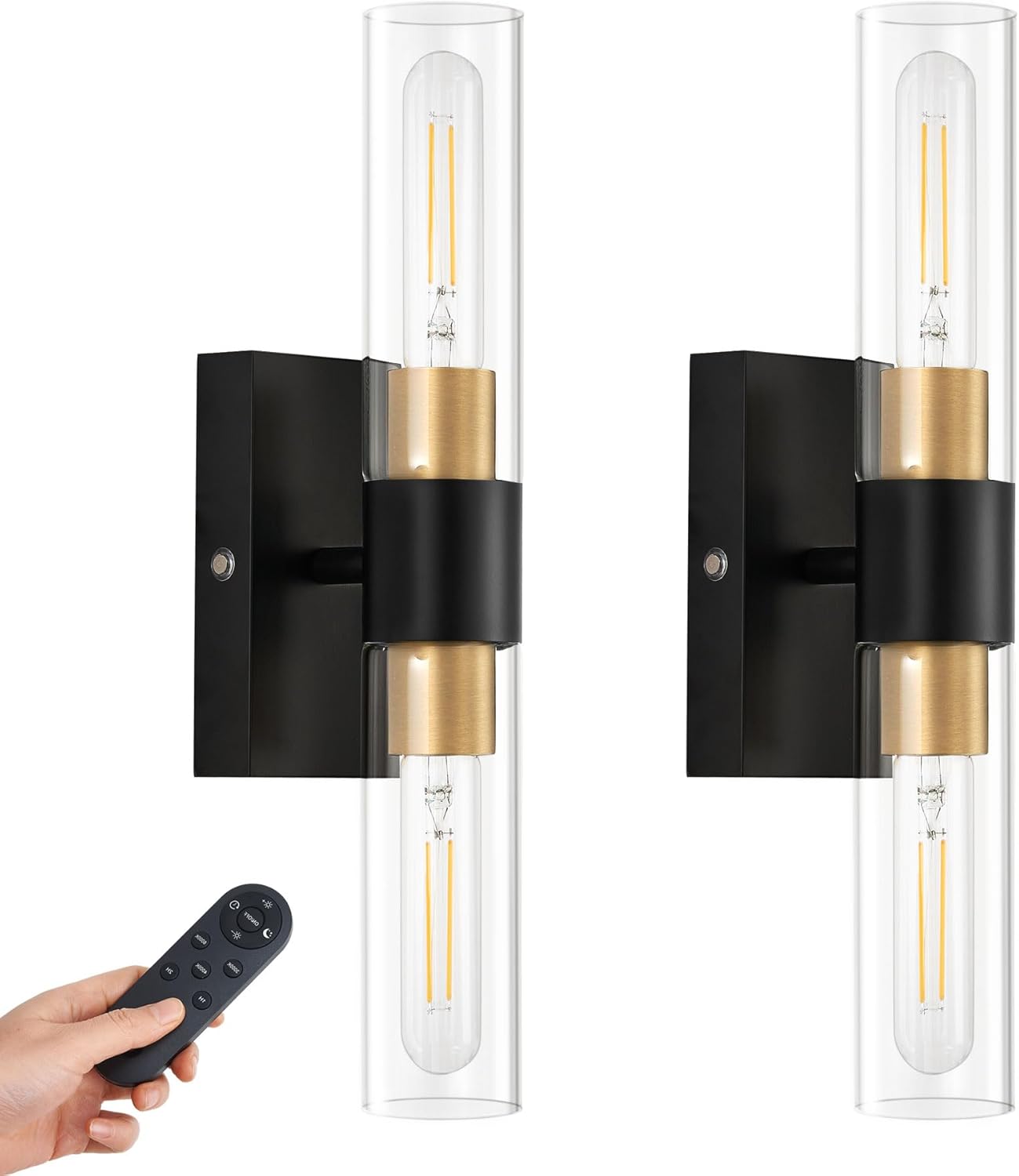 SANTOSTOCK Gold Battery Operated Wall Sconce Set of 2, 12000mAh Rechargeable Wall Lights with Remote Control, Wireless Dimmable Wall Lamps for Bedroom Living Room Bathroom Hallway Stairwell