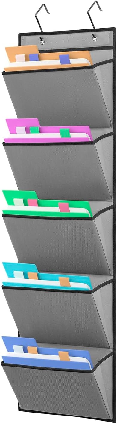 Wall Mounted File Holder Over Door Hanging Mail Organizer Document Storage Bag for Papers Magazines and Books (7 POCKETS-GREY)
