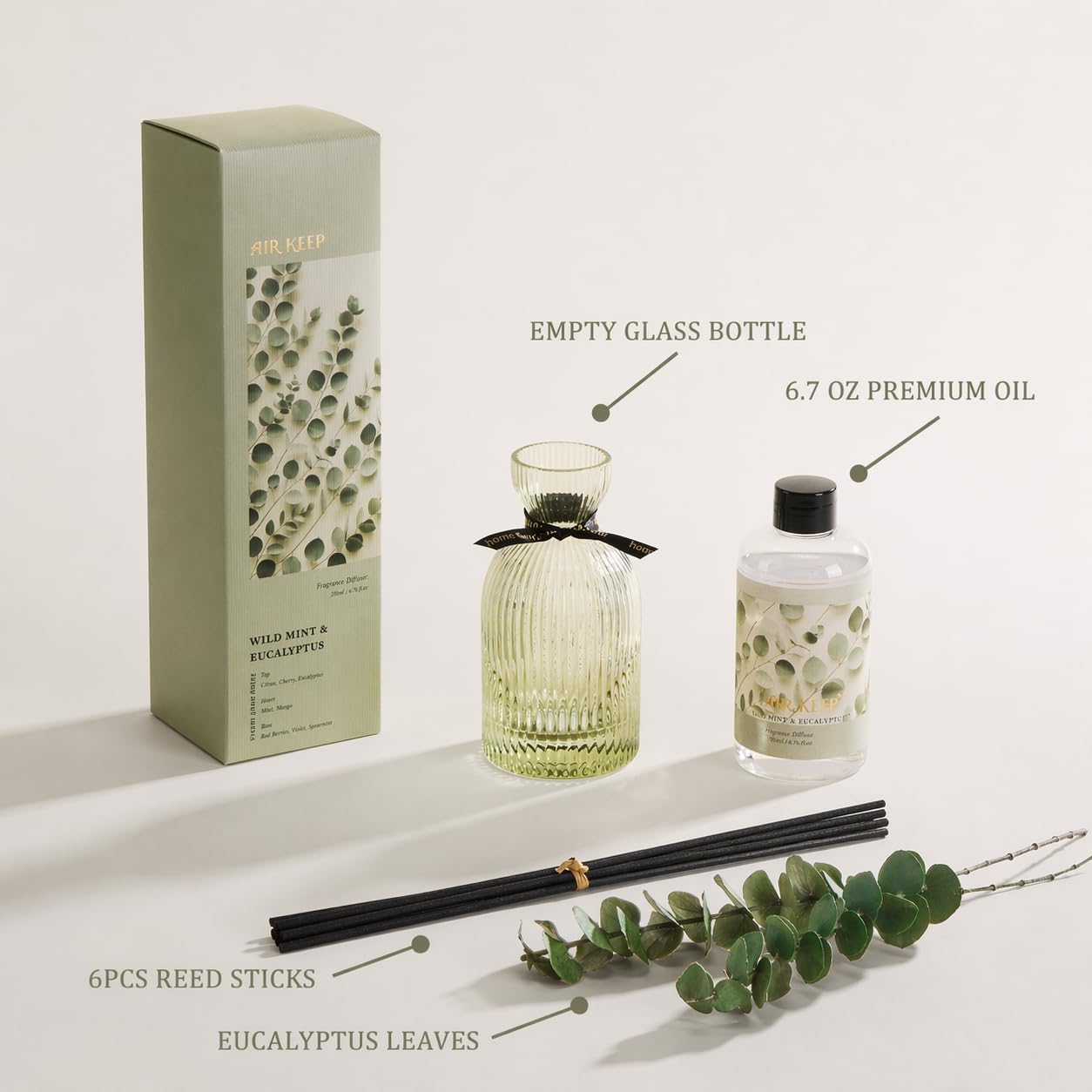 Airkeep Reed Diffuser Set 6.76 oz – Cherry Blossom Home Fragrance with Eucalyptus Sticks – Decorative Glass Bottle for Bathroom, Bedroom & Living Room Décor – Gift Ready