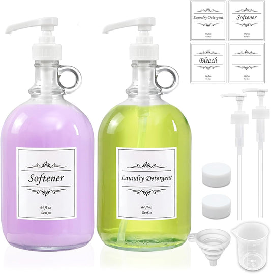 2 Pack Laundry Detergent Dispenser with Pump and Lid, 64 Oz Glass Bottles for Laundry Room Organization and Storage, Fabric Softener Dispenser for Washer