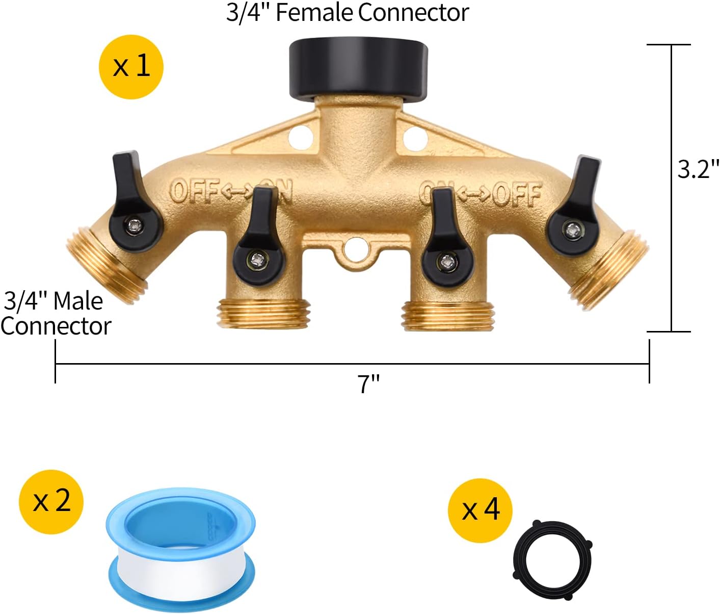 1/2/4 Pack 2 Way Hose Splitter, for 3/4" Hose Connector, with Rubber Washers & Tapes | for 3/4" Hose Connector