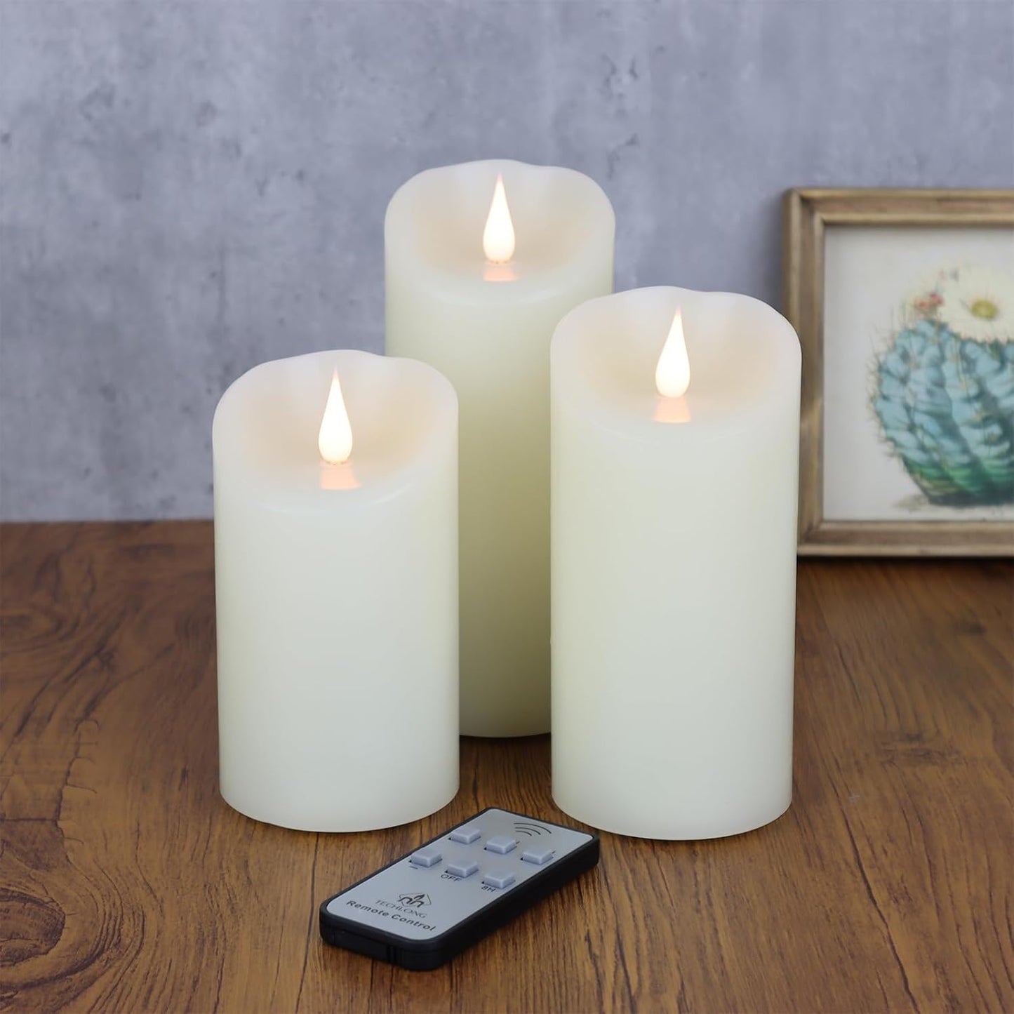 TECHLONG Flameless Candles with Remote Timer, 3D Moving Flickering Flame Battery Operated Candles Lasting 1000+ Hours, 3" x 5" Ivory Real Wax Electric LED Pillar Candles, Set of 2