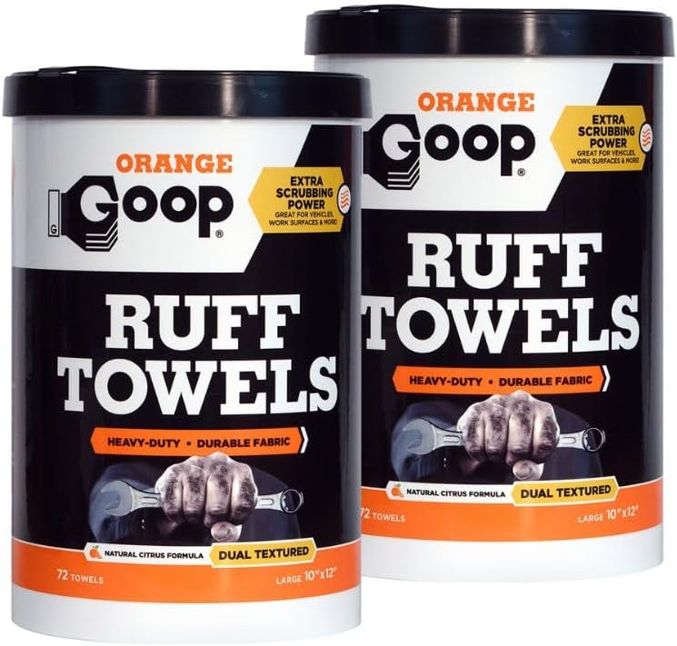 GOOP Orange Heavy Duty Ruff Towels with Scrubbing Power, 10” x 12” Dual Textured Multi-Purpose Cleaning Wipes, Removes Dirt, Grease, Oil, 72 Count