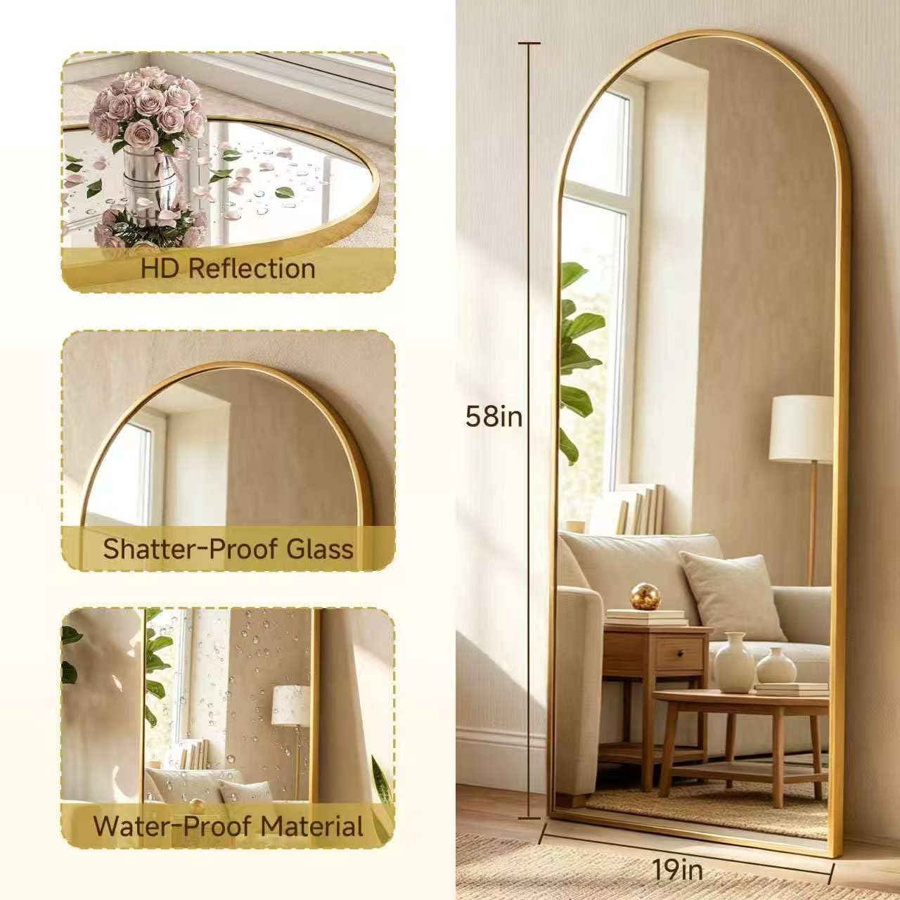 59"x16" Floor Mirror Full Length, Arched Full Length Mirror with Stand, Full Body Mirrors for Bedroom Living Room or Cloakroom Gold