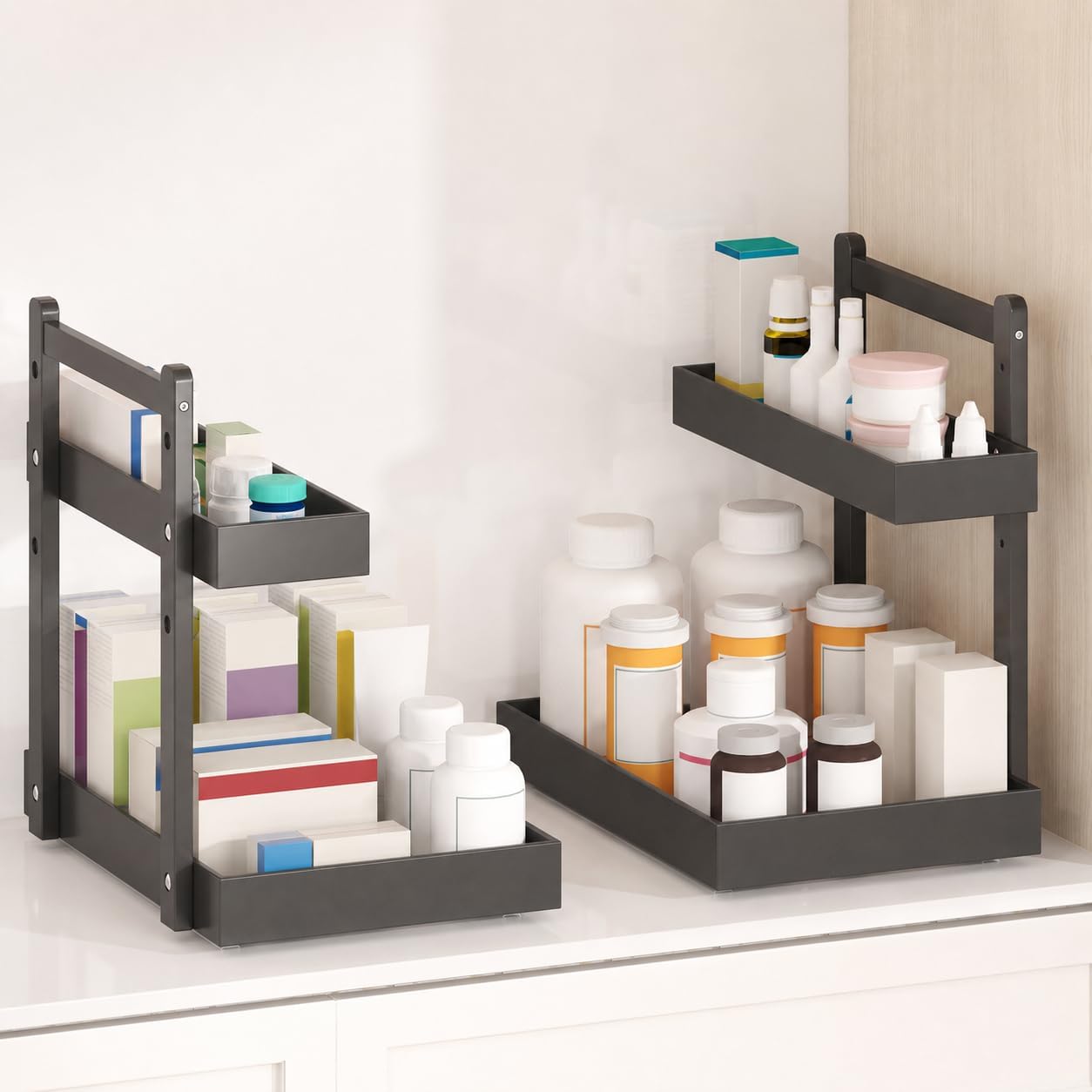 Under Sink Organizer - 2-Tier Pull Out Cabinet Organizer Vertical Slide Out Sink Shelf Storage Shelves for Multi-Purpose Bath Kitchen Bathroom Medicine (Nature, 2 Packs)