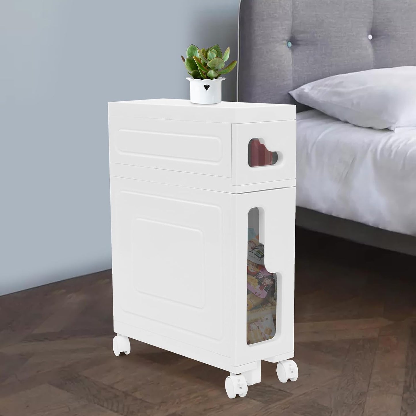 Narrow Bathroom Storage Cabinet with Drawers, 5.5" Slim Floor Standing Rolling Cart on Lockable Wheels, PP Unit with Toilet Paper Holder for Small Space, Kitchen, Laundry Room (3 Tier)