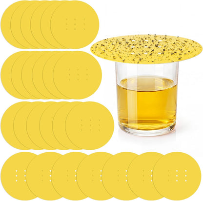 100 Pack Fruit Fly Trap Covers, Single-Sided Sticky Paper Lids, 8 Vent Holes for Vinegar/Wine Bait, Fits Cups & Jars for Indoor Kitchen & Pantry Gnat Control (Round,Yellow)