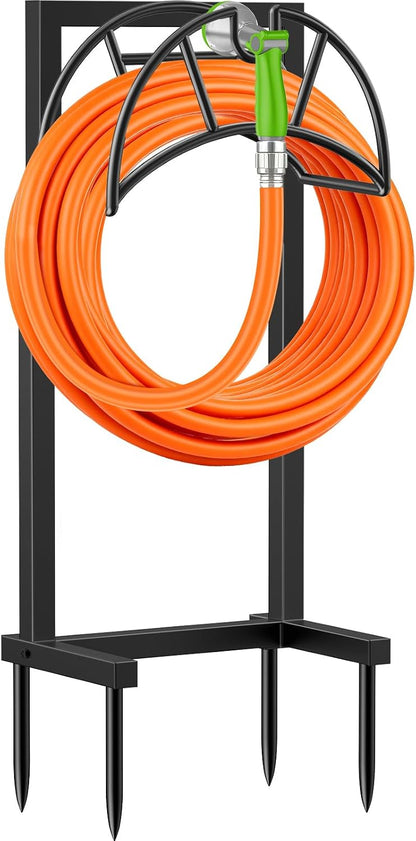 TomCare Garden Hose Holder 4 Spikes Garden Hose Reel Hose Stand Upgraded Water Hose Storage with Tool Hooks Garden Hose Hanger Organizer Holds 160ft Hoses for Outside Yard Lawn, Black