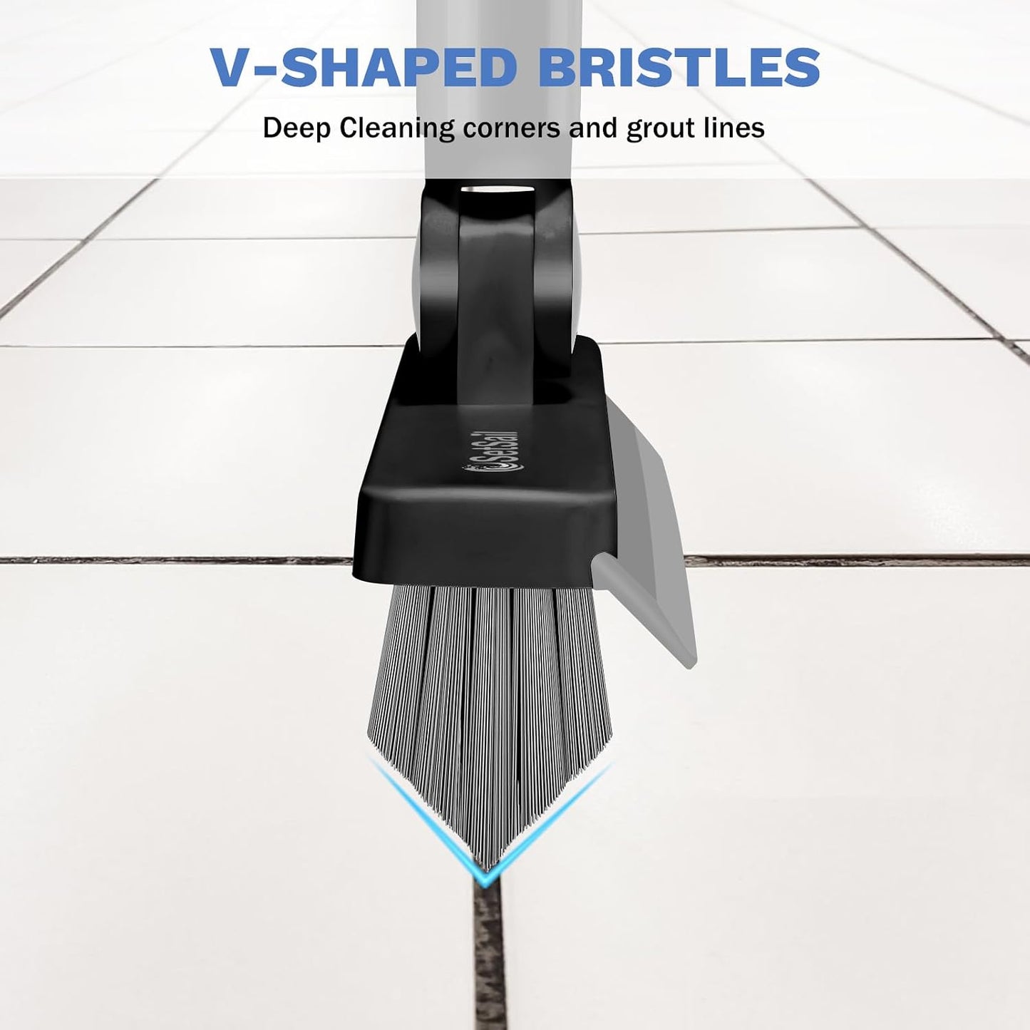 SetSail Grout Cleaner Brush with Long Handle, V-Shaped Floor Scrub Brush Swivel Grout Brush Stiff Bristle Floor Grout Scrubber for Bathroom, Tile Line, Crevice, Kitchen, Wall, Deck, Garage, White Grey