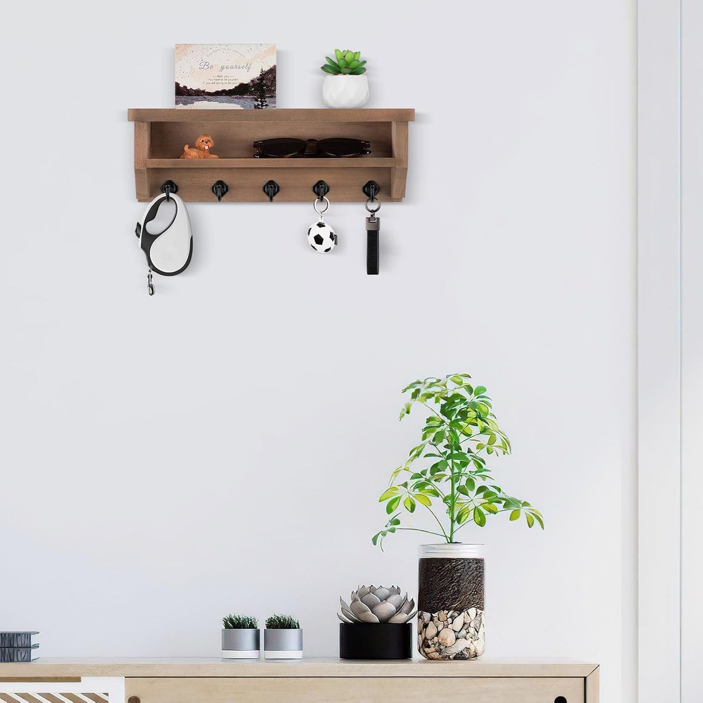Nekon Key Holder Wall Mount, Wall Organizer Shelf with 5 Key Hooks, Room Decor for Home and Apartment Essentials, White
