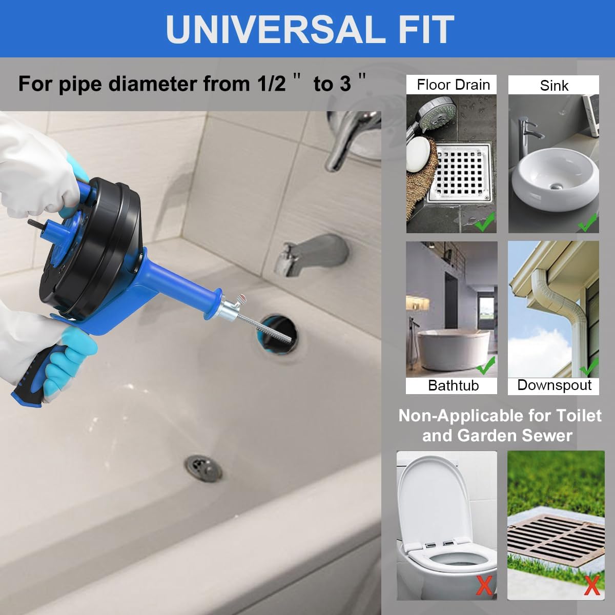 Drain Auger, Clog Remover with Drill Adapter, 25 Feet Flexible Plumbing Snake Use Manually or Powered for Kitchen, Bathroom and Shower Sink, Comes with Gloves (blue)
