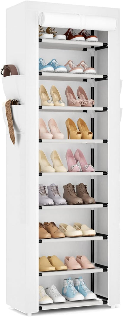 VILICK Shoe Rack with Cover Narrow Shoe Organizer with 4 Side Pockets 10 Tier Tall Shoe Storage Holds 18-22 Pairs Shoes and Boots Shoe Rack for Closet Entryway Garage
