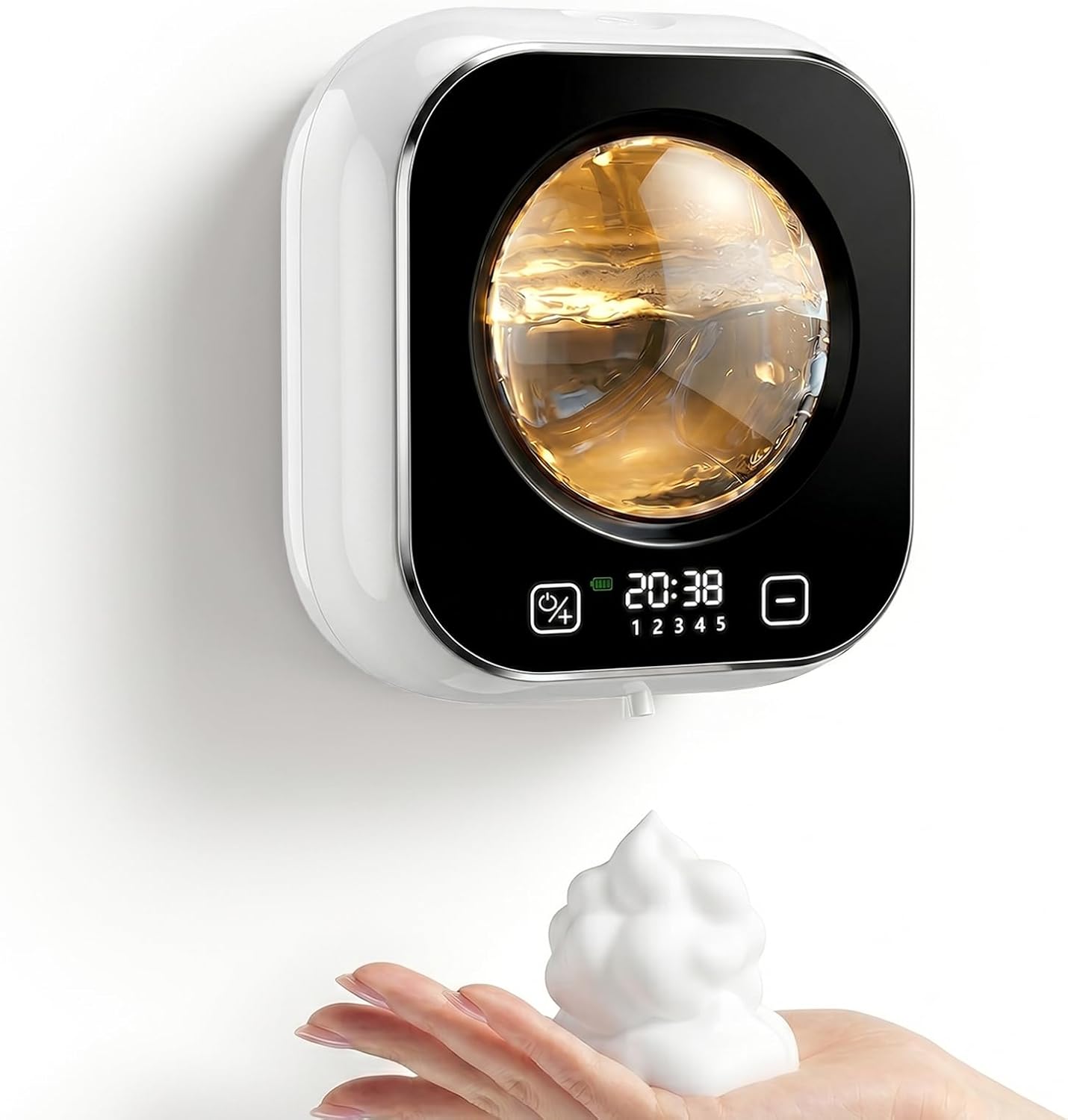 Automatic Foam Soap Dispenser Bathroom,Wall Mounted Touchless Foaming Soap Dispenser Rechargeable with Smart LCD Display & 5-Level Adjustable Foam,Electric Dispenser for Kitchen Office (White)