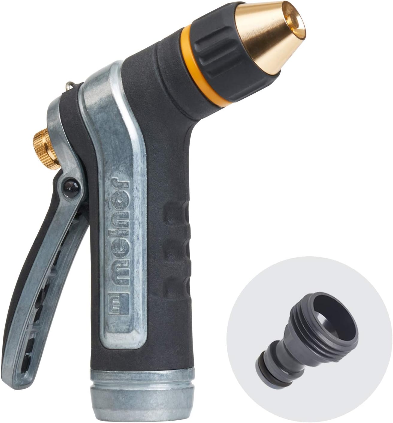 Melnor 65020-AMZ Metal Multi-Pattern Hose Nozzle with Rear Trigger Grip, 7 Spray Patterns, Heavy-Duty Metal Construction, Quick Connect Adapter, Black, Orange