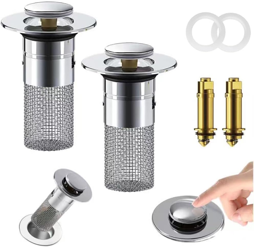 Stainless Steel Floor Drain Filter,Bathroom Sink Stopper Hair Catcher with Removable Stainless Steel Filter Basket Hair Catcher,Isolate Odor Pop Up Sink Drain Filter（2Pcs） (2Pcs)
