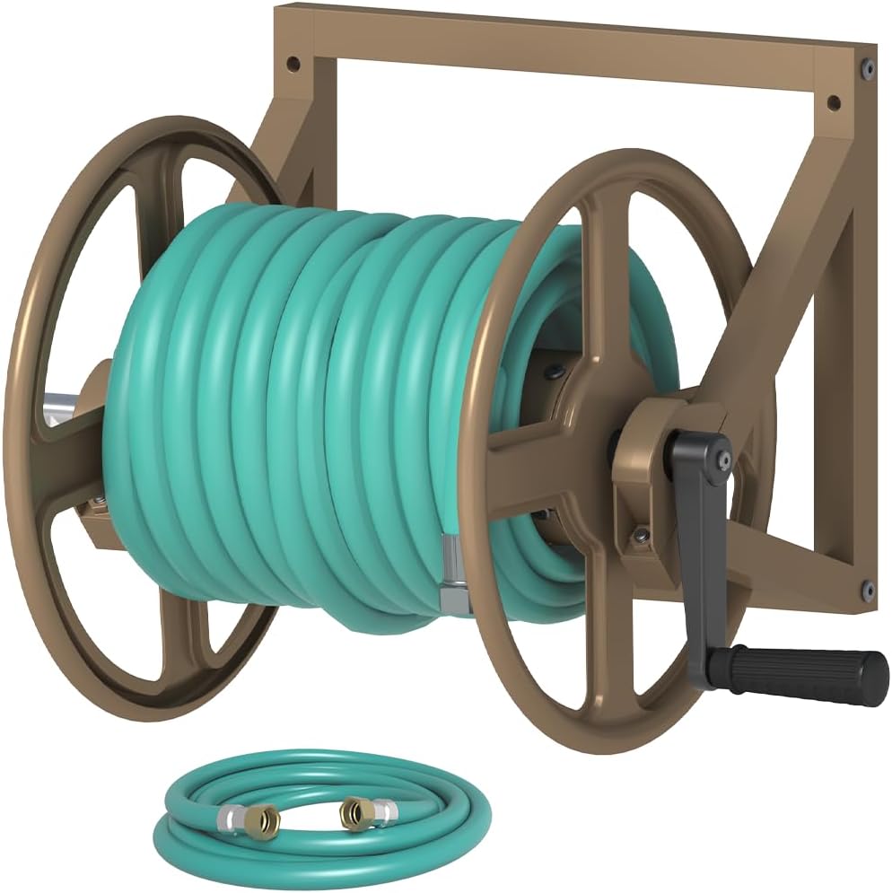 Artigarden Garden Hose Reel Wall Mounted, Outdoor Heavy Duty Powder Coated Metal Water Hoses Holder Winder Holds 125 ft 5/8" Hoses with 3.9ft Leader Hose, Stainless Steel Connector for Outside, Black