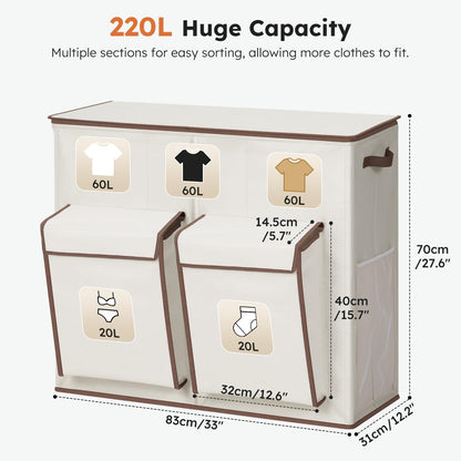 SOLEDI 220L Laundry Hamper 3 Section,Extra Large Laundry Basket with Lid and 2 Side Pockets, Dirty Clothes Hamper with Removable Bag Easy to Carry for Laundry Room, Bedroom, Bathroom, Black
