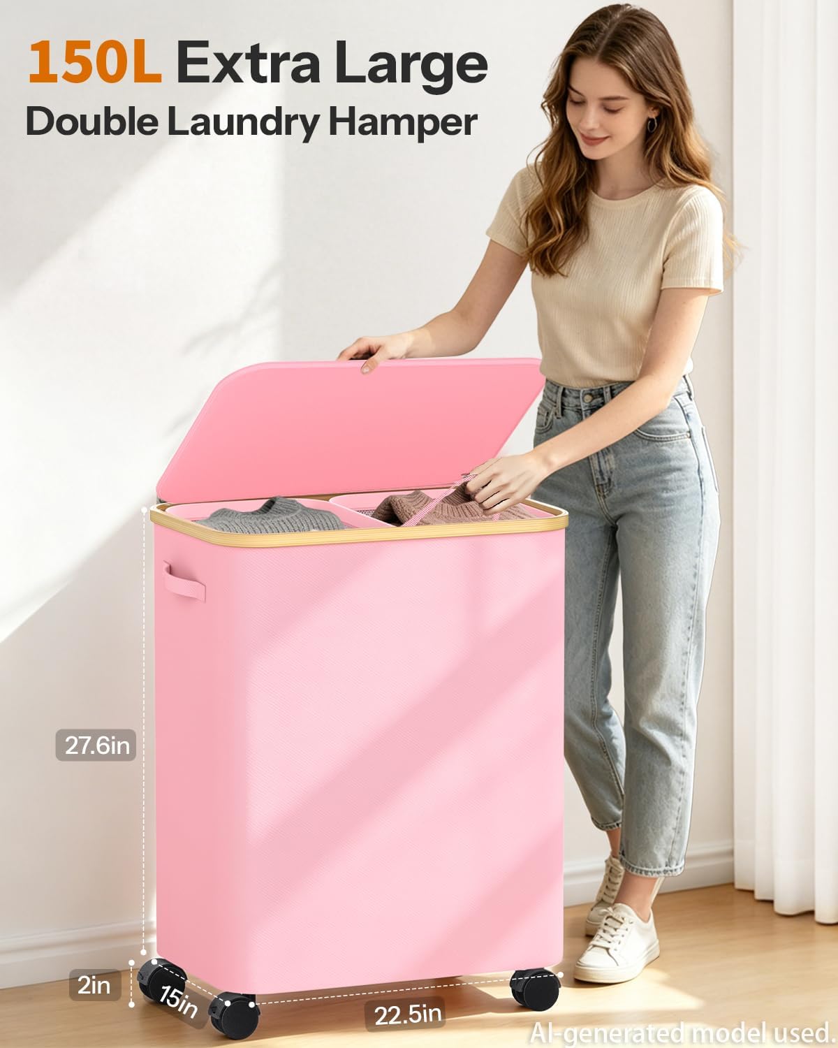 Double Laundry Hamper with Lid and Wheels, 150L Large Laundry Basket with 2 Sections & Removable Liner Bags, Rolling Dirty Clothes Basket with Handles for Bedroom, Bathroom, Dorm, College