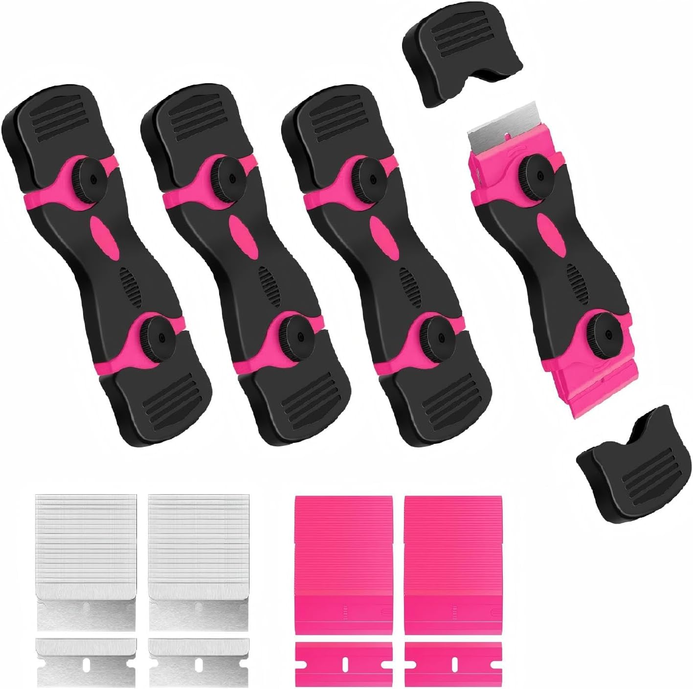 DEKEones Razor Blade Scraper, Double Edged Razorblade Scraping Tool with 10 Pcs Razor Blades, Paint Scraper for Glass, Decals, Tint, Stickers, Labels, Caulk, Adhesive(Pink)