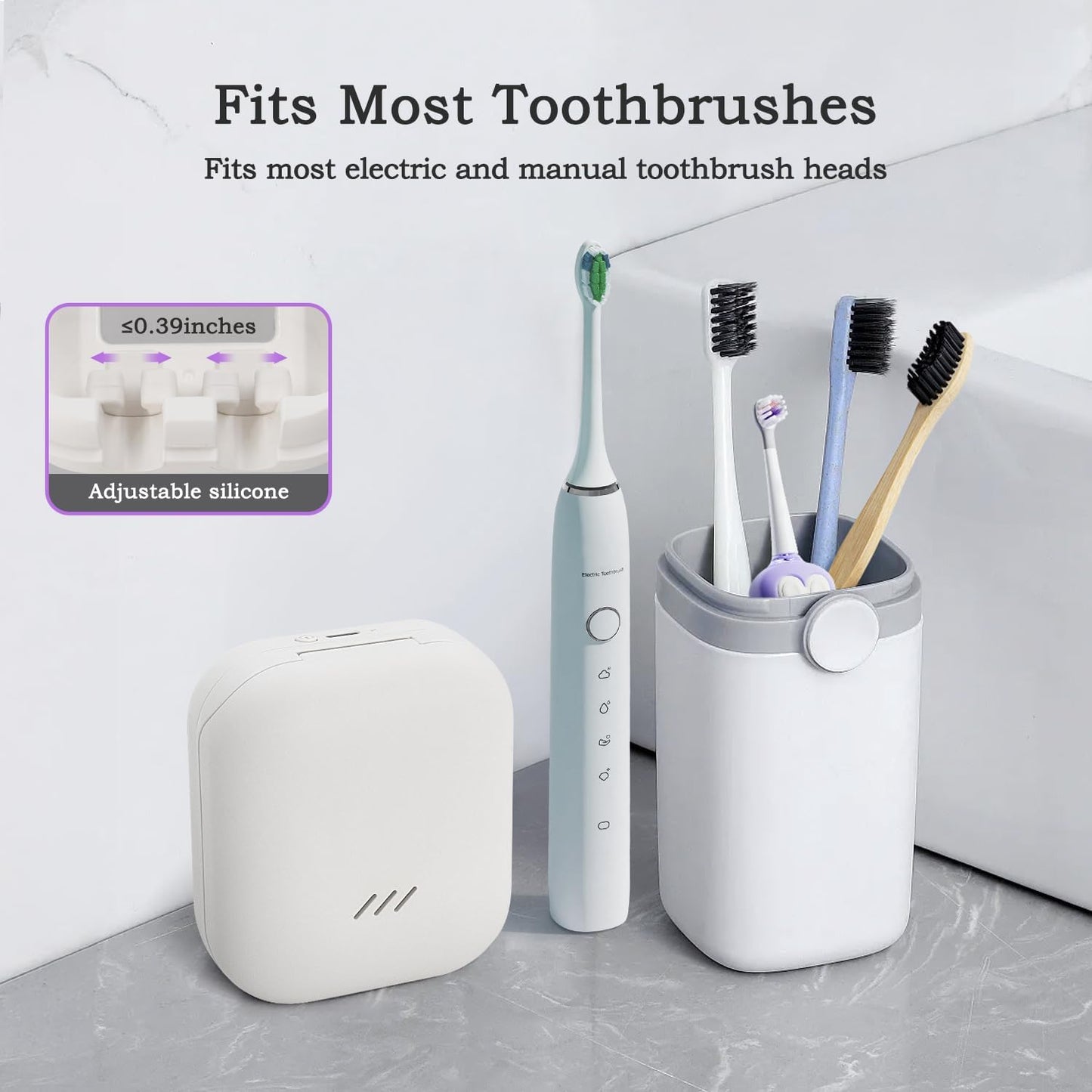 UV-C Toothbrush Sanitizer Case, Dual Light Cleaner Cover with Clear Window, USB-C Rechargeable Travel Holder for Electric and Manual Brushes, White