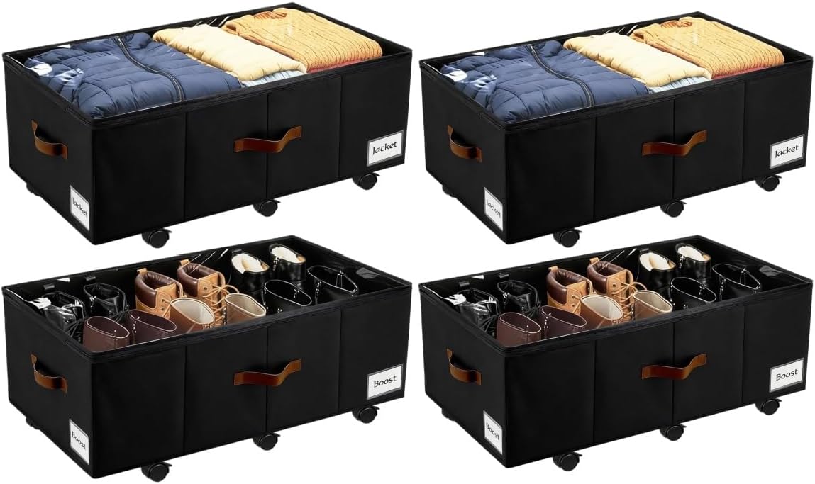 Under Bed Storage with Wheels,Underbed Storage with Sturdy Sidewalls/Bottom, Clear Cover, Label and PU Handle, Rolling Under Bed Drawers for Clothes, Shoes, 6.5 Inch Height,Black, 2 Pack