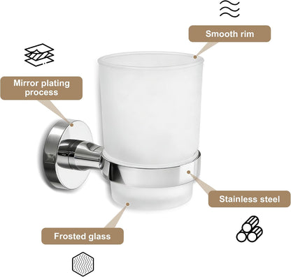 Toothbrush Holder, Wall Mounted Mouthwash Tumbler Holder with Frosted Glass Tumbler for Bathroom&Kitchen,Silver