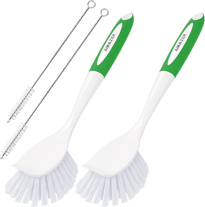 Amazer Dish Brush with Handle, 2 Pack Kitchen Scrub Brushes for Cleaning, Dish Scrubber with Stiff Bristles for Sink, Pots, Pans