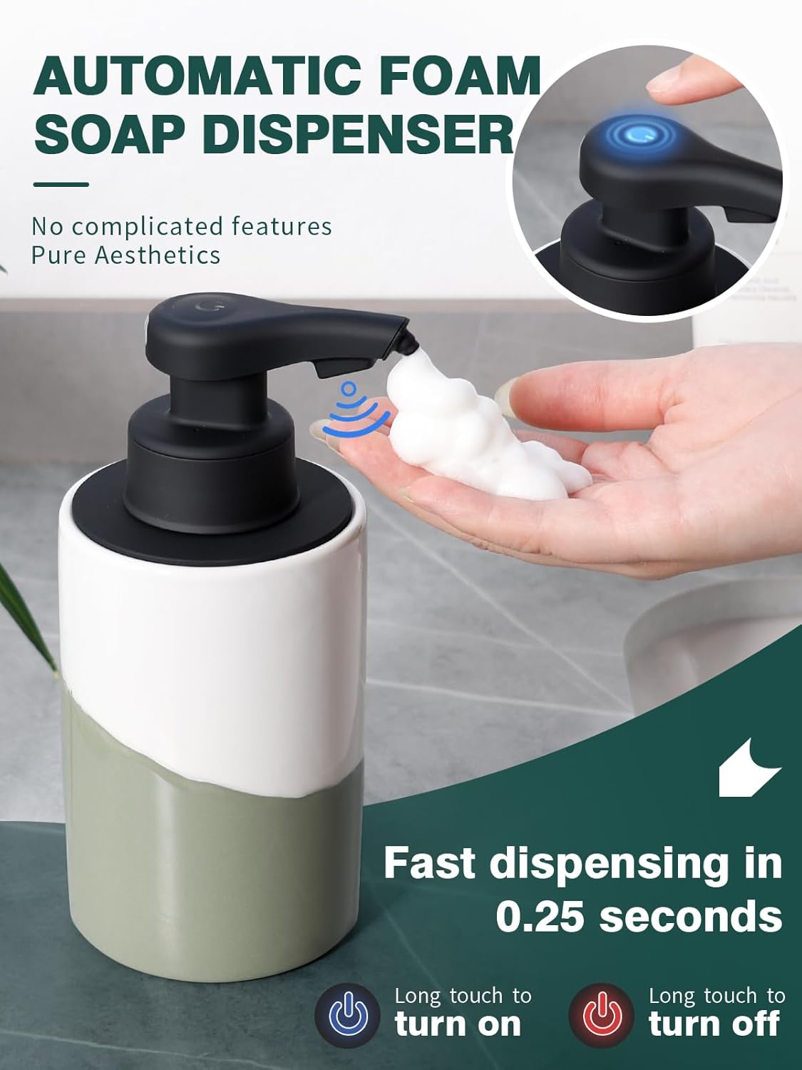 BosilunLife Automatic Soap Dispenser Ceramic Hand Free Soap Dispenser with Waterproof Pump Rechargeable Smart Electric Lotion Soap Dispenser Touchless (White-Green, Foam Pump)