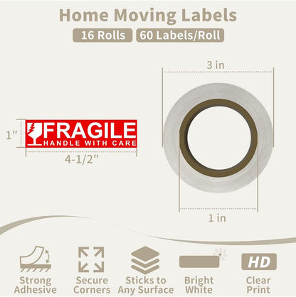 960 Count Moving Labels for Boxes – 16 Rolls (60 Labels/Roll) Color-Coded Moving Stickers Includes Fragile, Heavy & Blank Labels High-Visibility Packing Labels for Home, Apartment & Office Moves