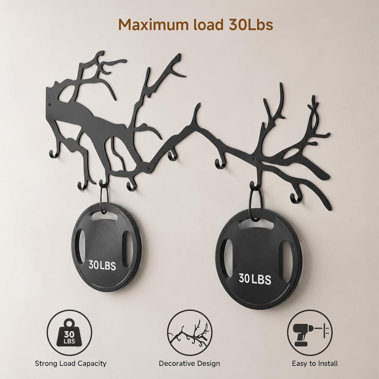 Wall Coat Rack with 8 Hooks Black - Tree Branch Design Metal Wall Hooks - Coat Hooks for Hallway, Bathroom, Bedroom, Kitchen - Hook Rail for Wall Mounting