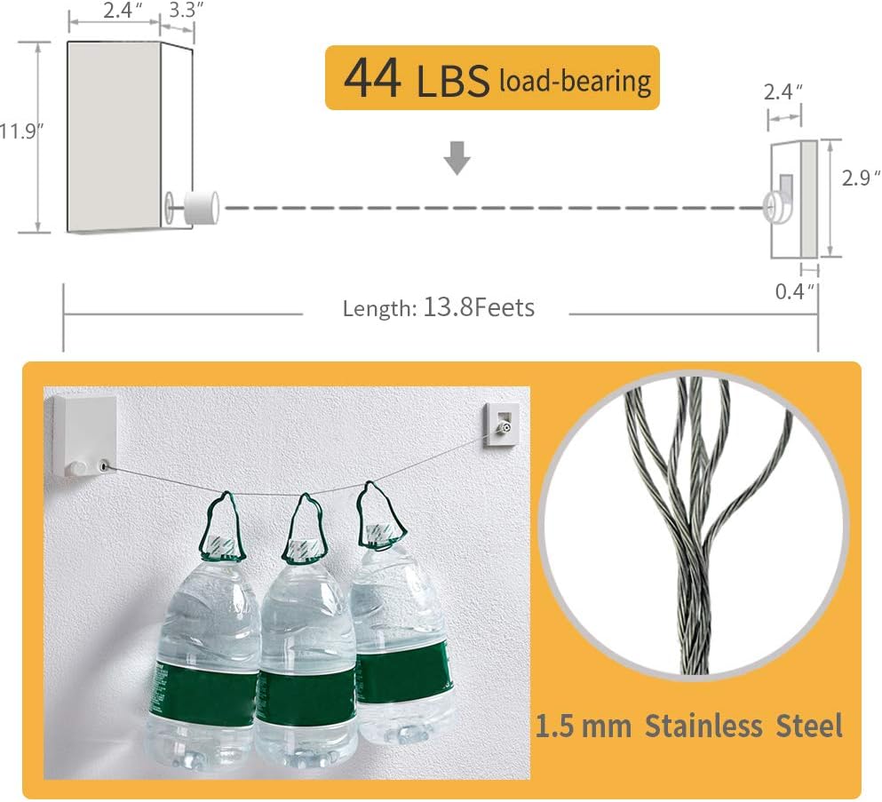 BESy Retractable Clothesline ABS case+Aluminum Dryer with Adjustable Stainless Steel Double Rope String Hotel Style Heavy Duty,Wall Mounted Method, 13.8 Feets,White