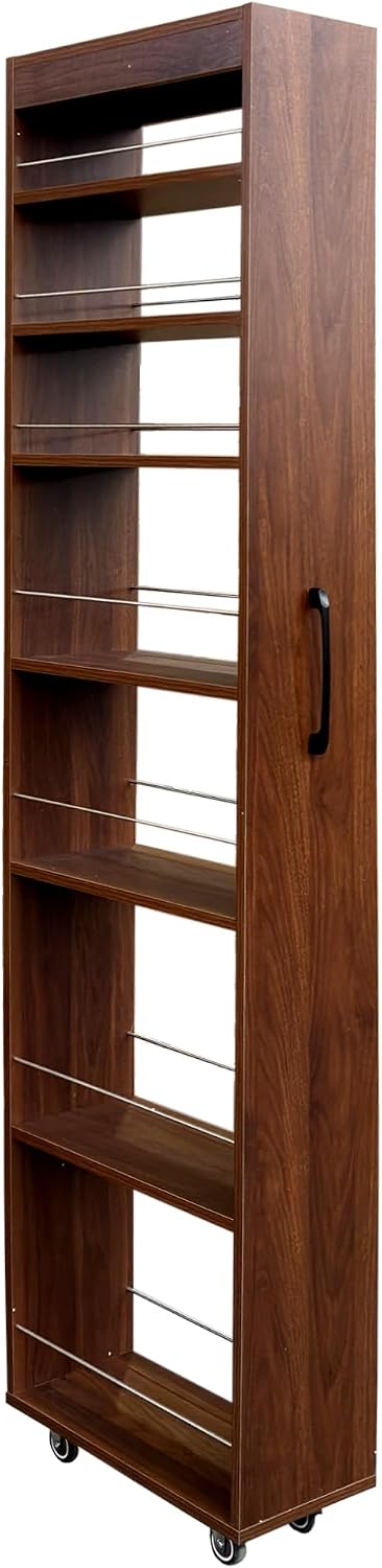 68'' Tall Narrow Storage Cabinet with Handle & Wheels, 7 Tier Pull-Out Kitchen Pantry Cart, Rolling Slim Freestanding Organizers Shelf Spice Rack for Small Spaces (White-Wheels, 7 Tier)