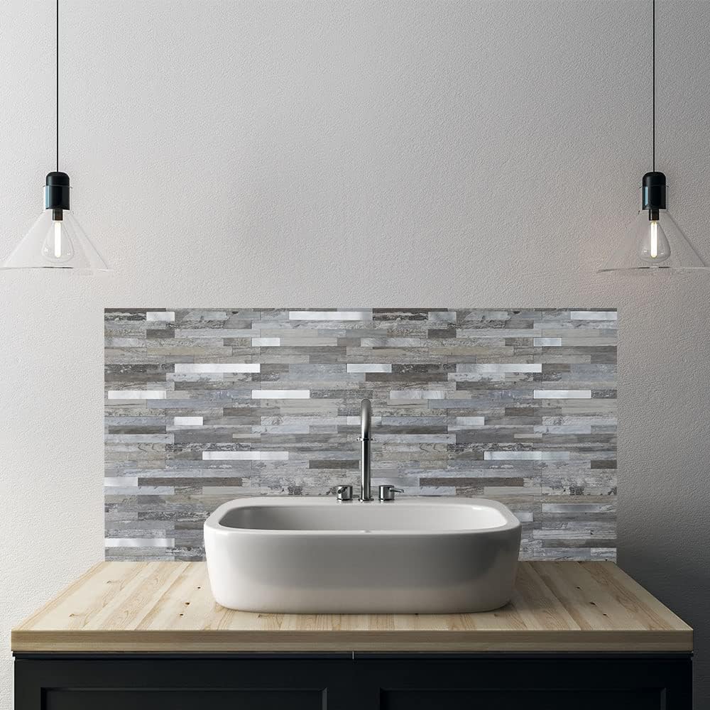 AULIGET 20 Sheets Peel and Stick Backsplash, Black & Grey Wood Look PVC Mixed Metal Stick on Backsplash Tiles for Kitchen