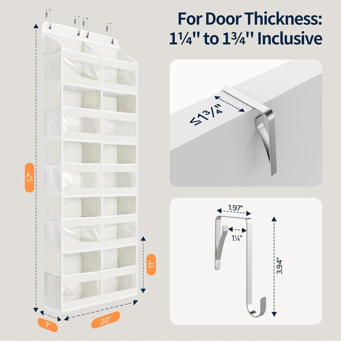 Yecaye 5-Tier Over The Door Organizer Dual-Column, 80lbs Load Over The Door Storage of 10 Compartments, Heavy Duty Door Organizer Hanging for Bedroom Closet Dorm Bathroom Pantry, Grey 1 Pack